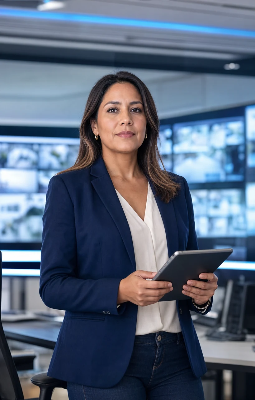 Supervisora de operaciones revisando información de seguridad en una tableta